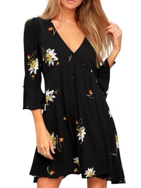 Free People Time On My Side Black Floral Print Mini Wrap Dress